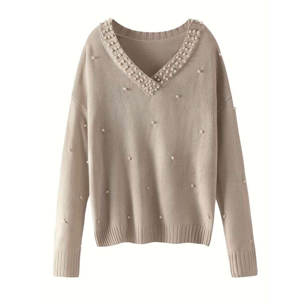 Beaded Decor Long Sleeve Sweater, Elegant Solid Color Drop Shoulder V Neck Sweater For Winter & Fall, Women's Clothing