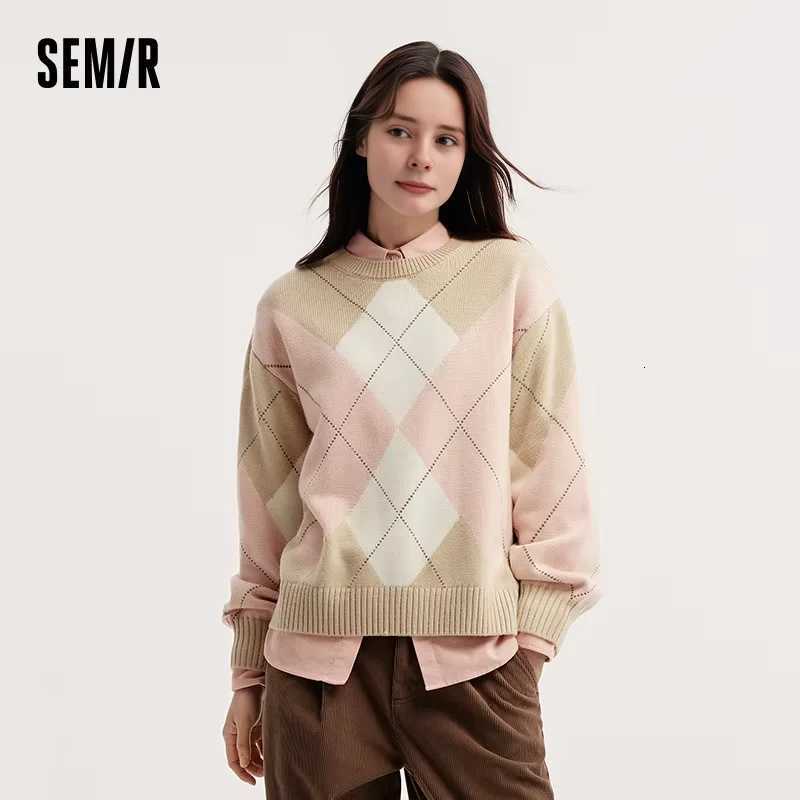Semir Sweater Women Diamond Color Block 2025 Winter New Drop Shoulder Loose KnitwearT251027
