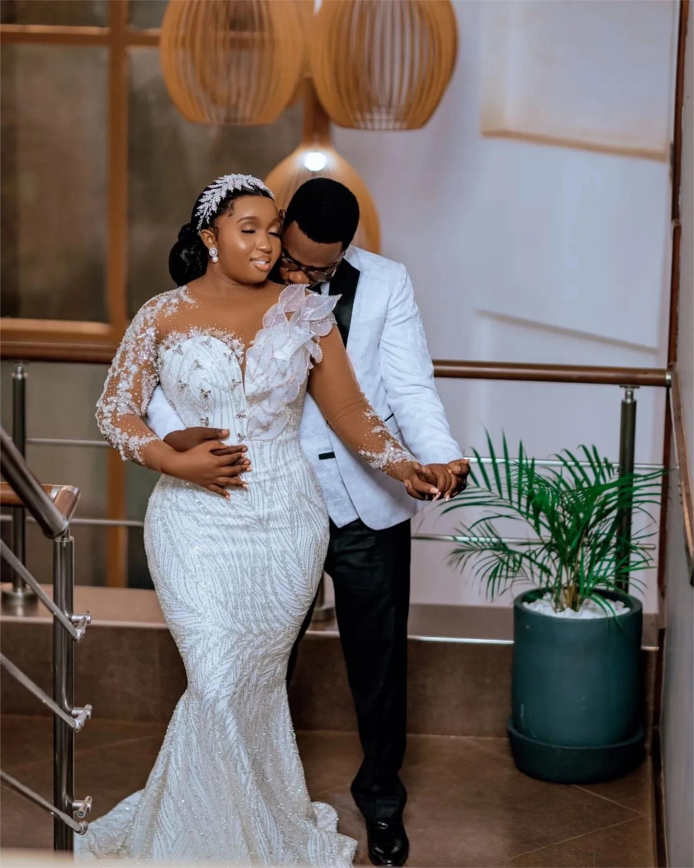 Aso Ebi Mermaid Wedding Dress in White with Florals Beaded Crystals Sequined Lace and Stunning Design