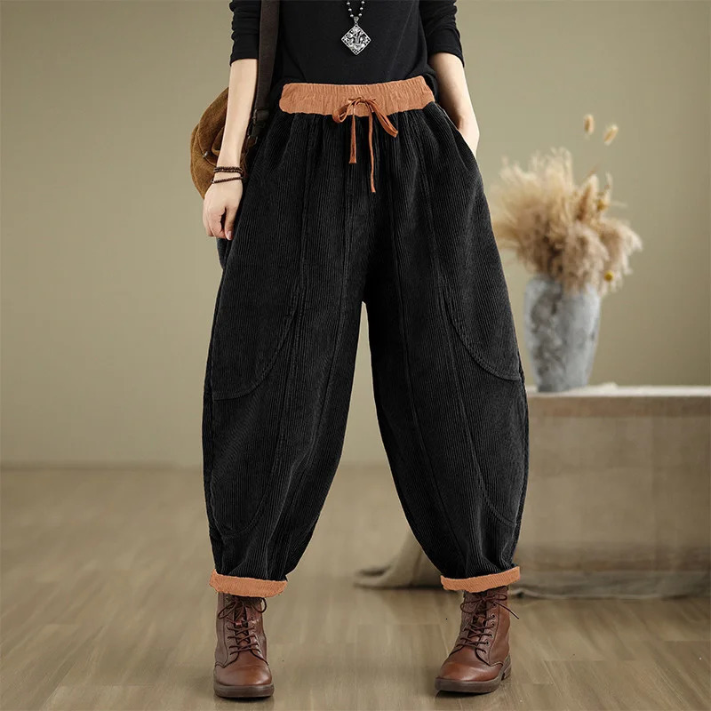 Corduroy Bloomers Women Loose Harlan Elastic Waist Warm Retro Trousers Autumn Winter Fashion Big Pocket WideLeg Pants 251027