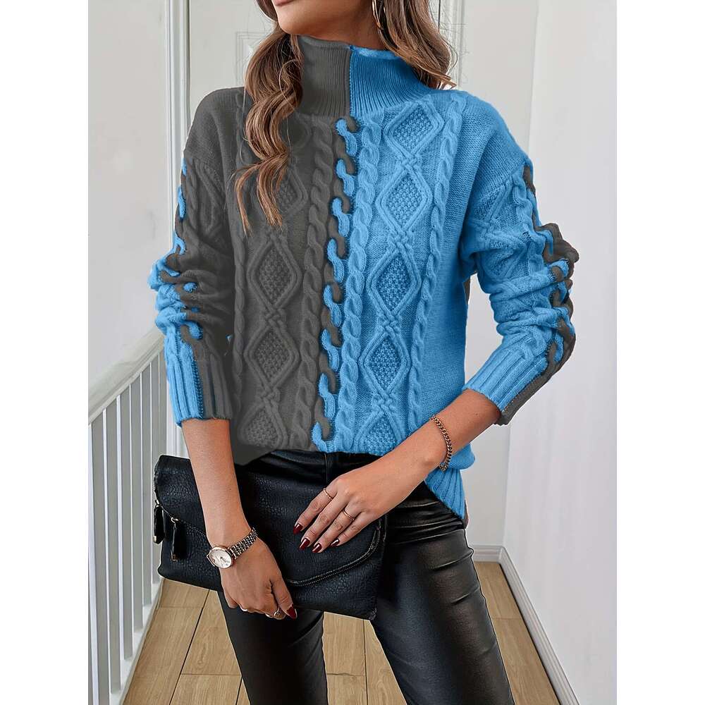 Elegant High-Neck Blouse With Vertical Stripes & Color-Blocking - Soft Stretch Long Sleeve Top, Winter Warmth, Non- Fabric For Fall/Winter Layering Of