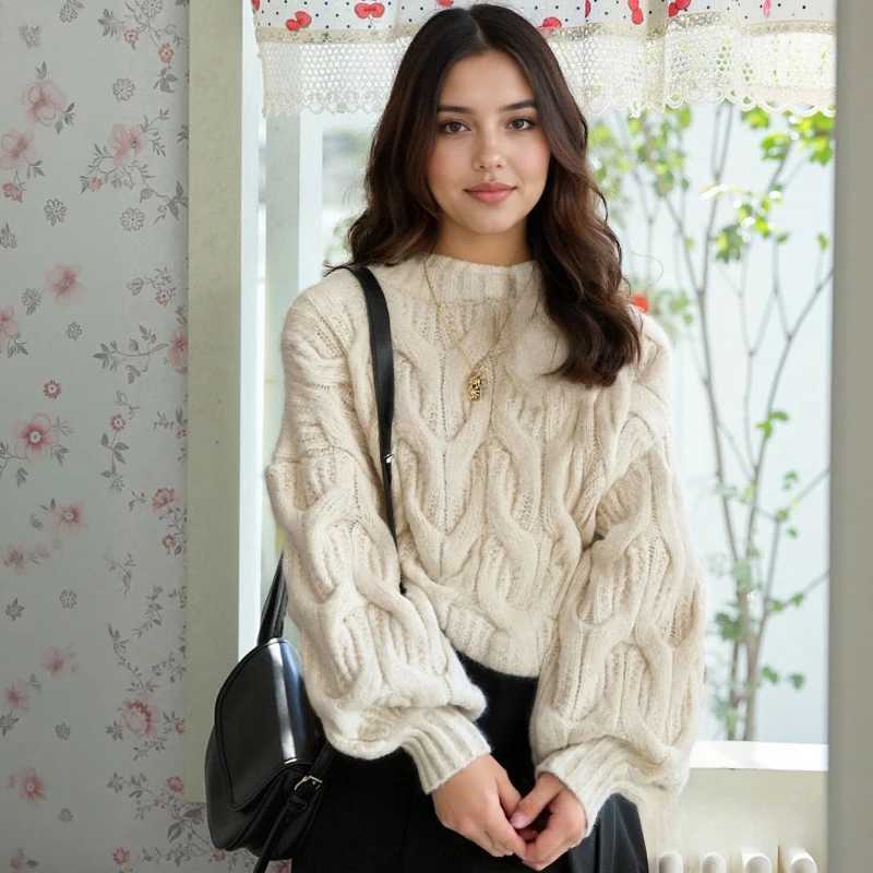 Korean Sweet Lantern Sleeve Oneck Sweater Womens Autumn Winter New Casual Loose Thick Twisted Knit Pullover Elegant KnitwearT251027