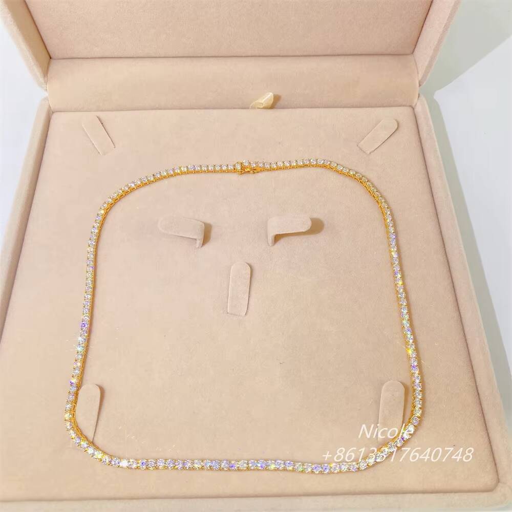 GTC Certificate Vvs Moissanite Yellow Gold 3mm Diamond Tennis Chain 10k Solid Gold Tennis Necklace