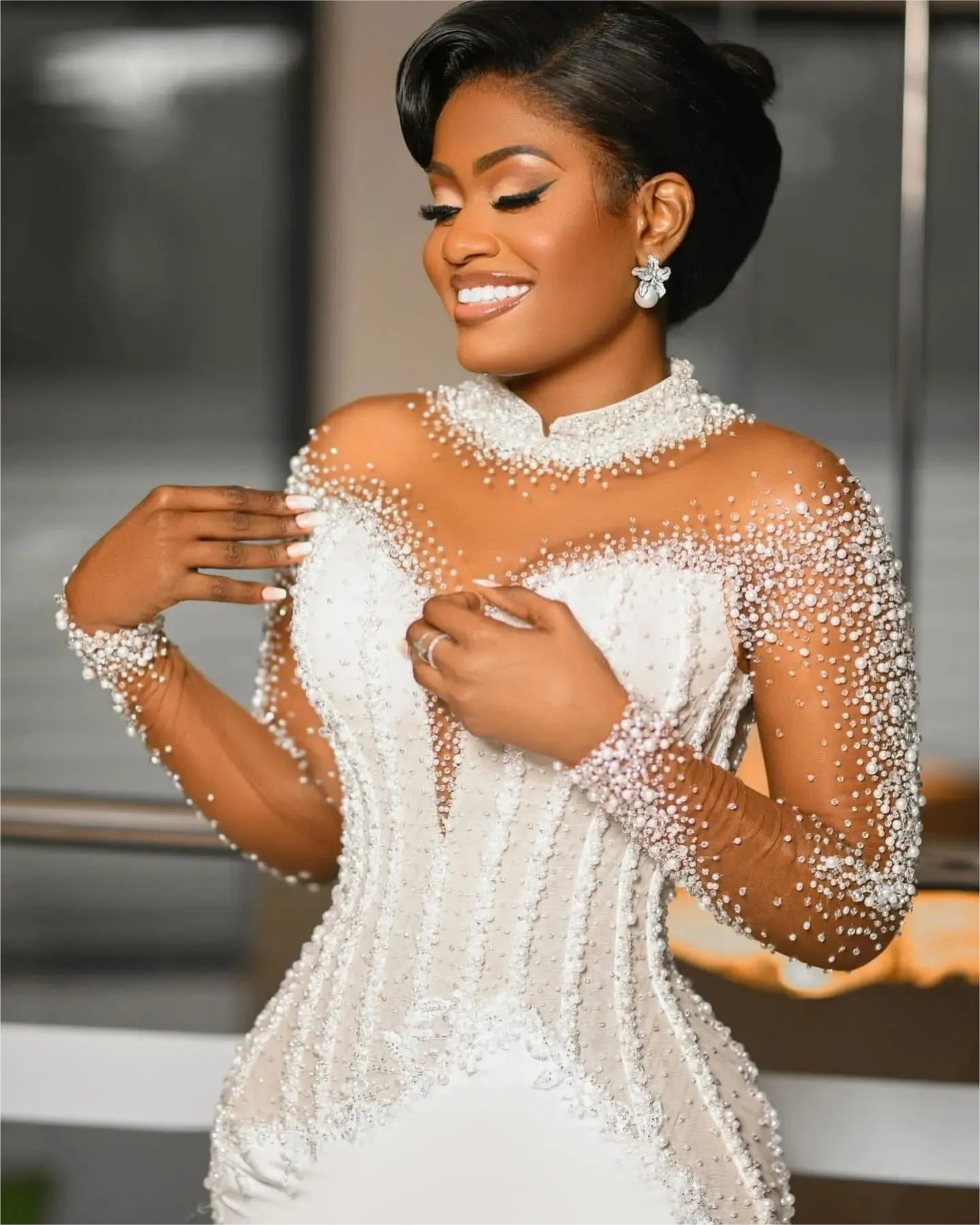 Aso Ebi White Mermaid Wedding Dresses Pearls Beaded Luxurious Satin Long Sleeves Bridal Gown