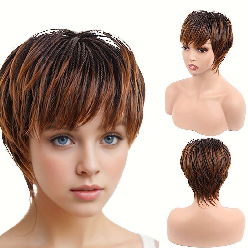 Natural-Looking Short Pixie Cut With Bangs - Synthetic Straight Women, Black & Brown Options, Rose Net Cap, High-Temperature Fiber, Perfect For Everyd