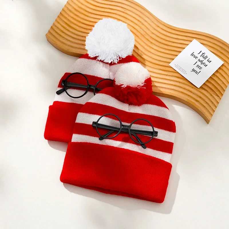 New Christmas Knitted Beanie with Red White Pom Warm Winter Hat for Xmas New Year Holiday GiftsW251027