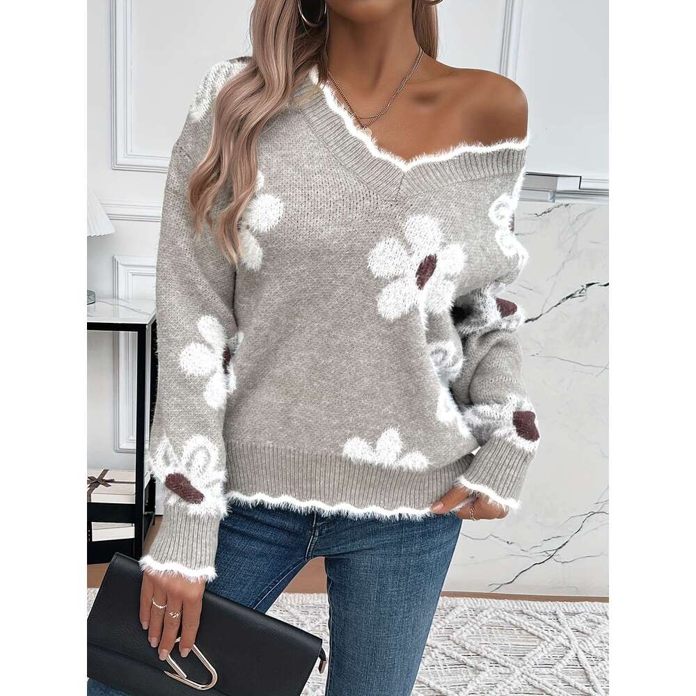 Floral Pattern Drop Shoulder Scallop Edge Sweater