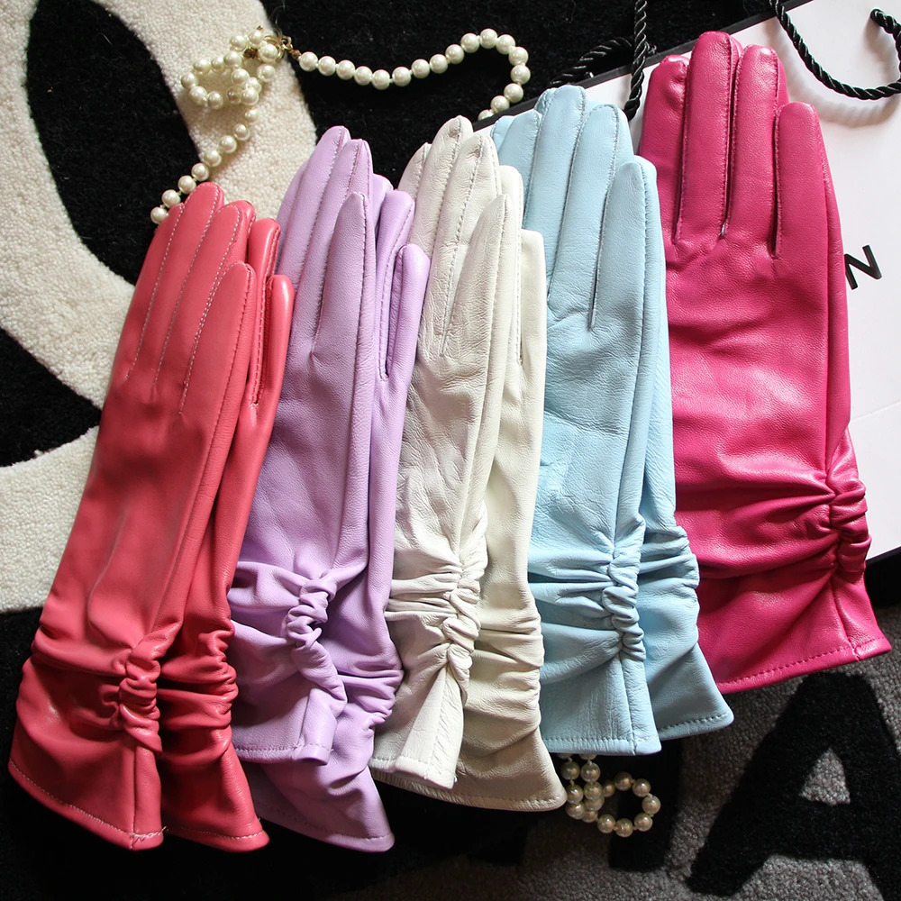 25cm Classic Pleated Genuine Leather Glove Color Real Leather Gloves Sheepskin Leather Femal Winter Gloves 251021