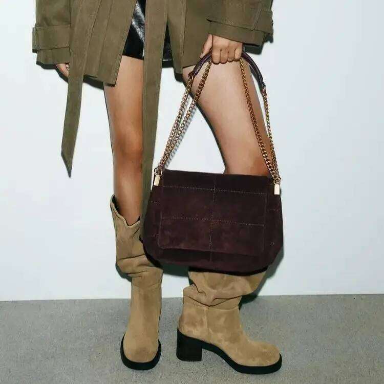 Women's Suede Shoulder Bag With Chains, Vintage Quilted Sling Bag, New Fashion Design Handbags For Ladies