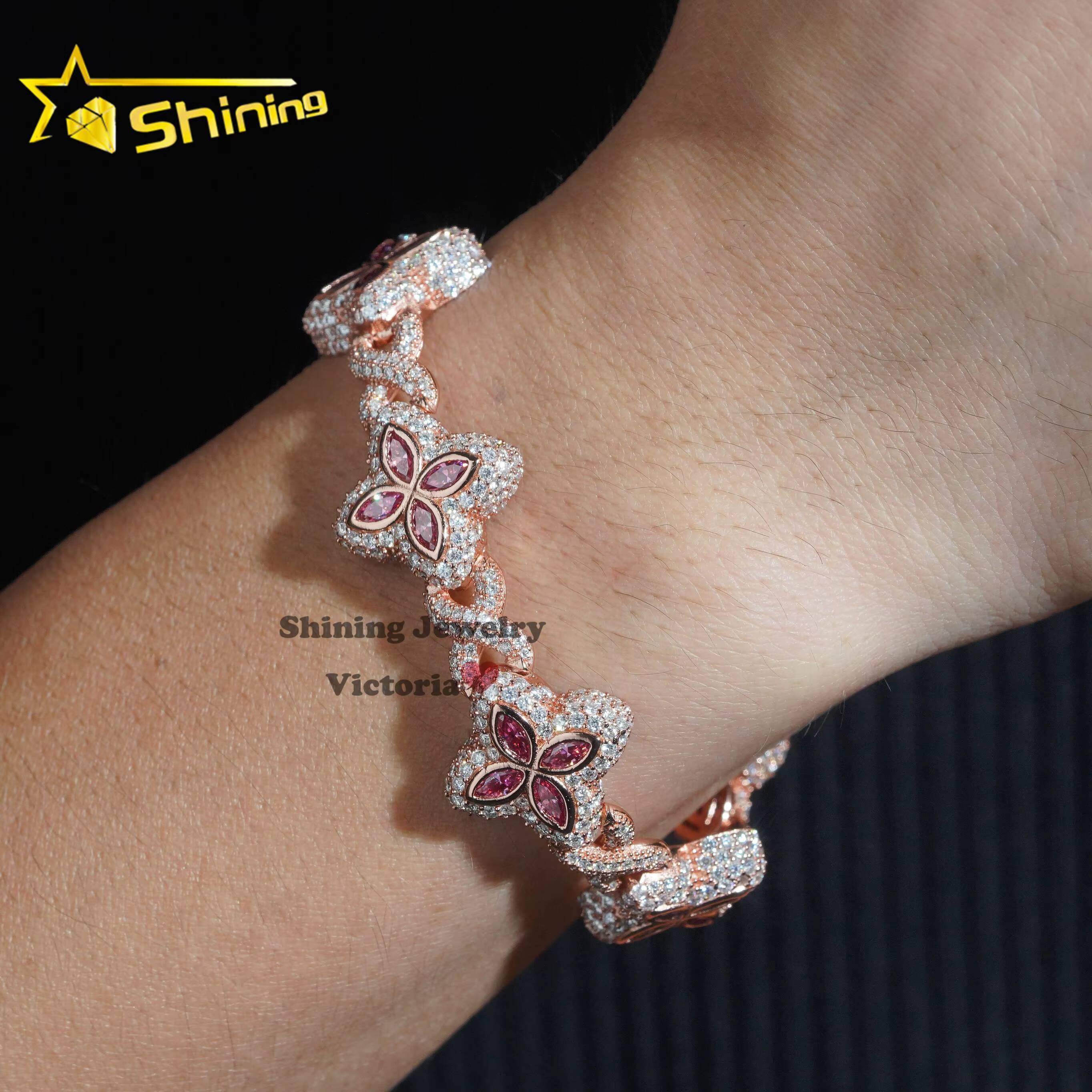 New Arrivals Rose Gold Plated Moissanite Men Bracelet With Pink Moissanite Iced Out Infinity Link Clover Cuban Bracelet