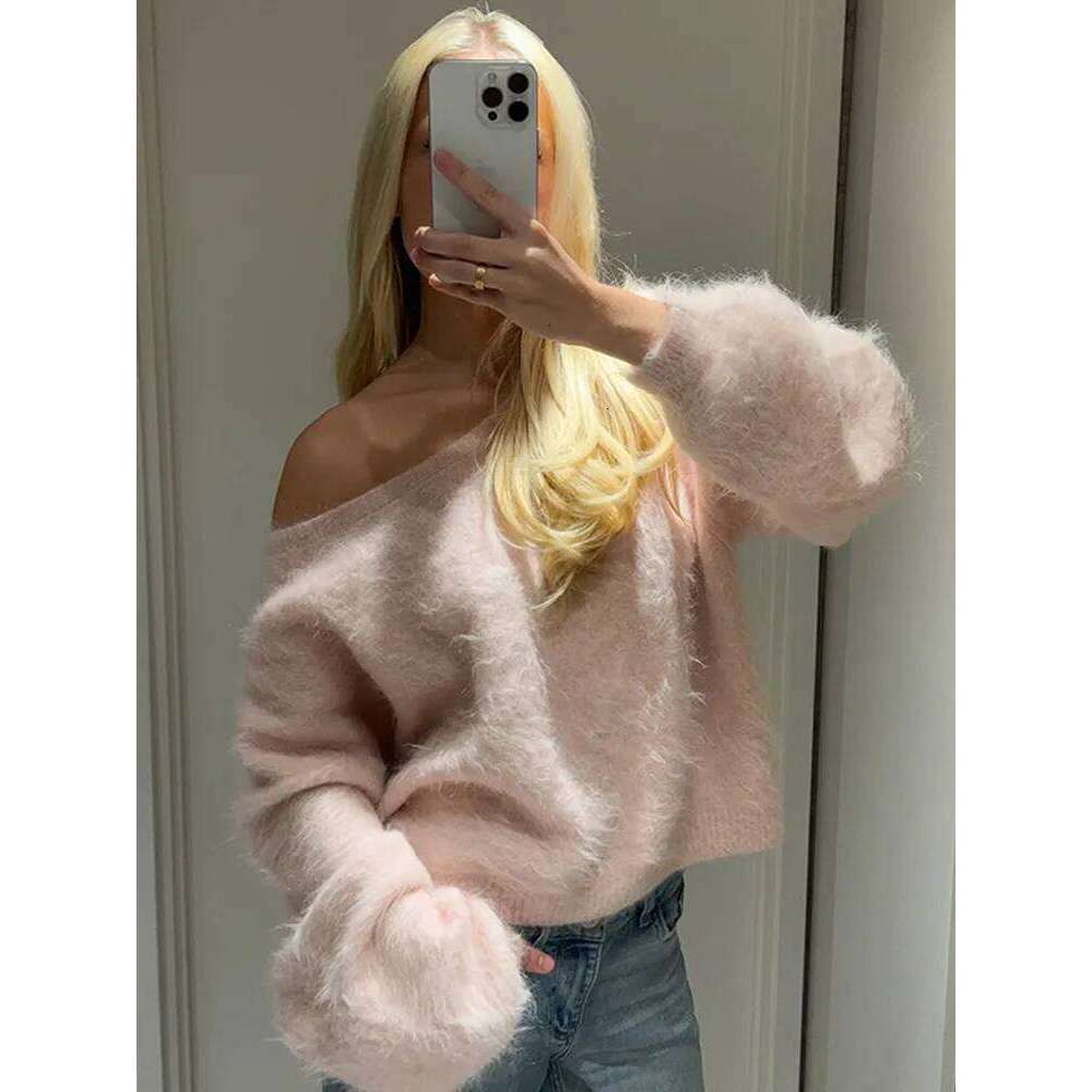 Women Solid Off Shoulder Pullover Fashion Classic Full Sleeve Loose Knitted Mohair Knitwear Lady High Street Autumn Sweaters Designer Sweater Women