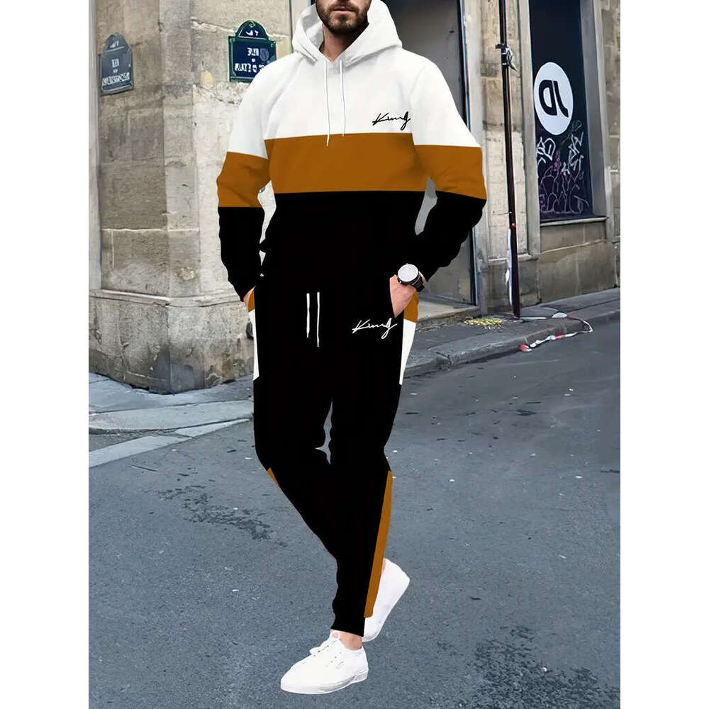Autumn Winter American Style Hooded 3D Digital Print Sweatshirt Sweatpants Jacket Men's Trendy Hoodie Sports Set Men