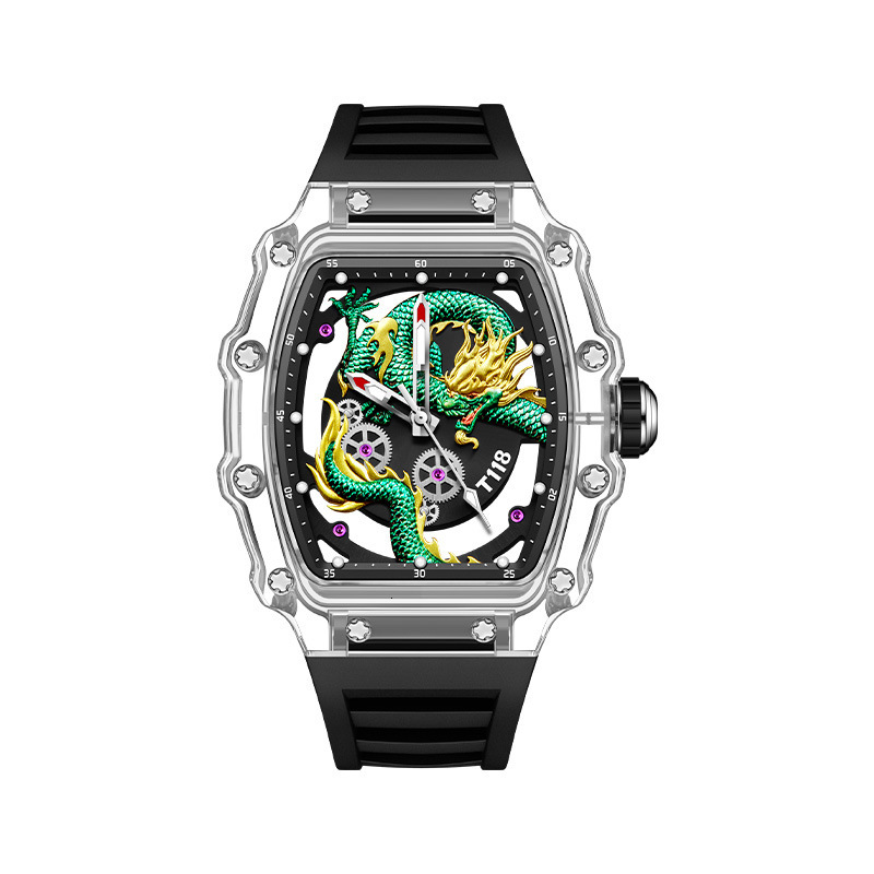 Designer Watch Men's Watch Dragon Embossed Luxury High-end Transparent Barrel Hollow Quartz Watch