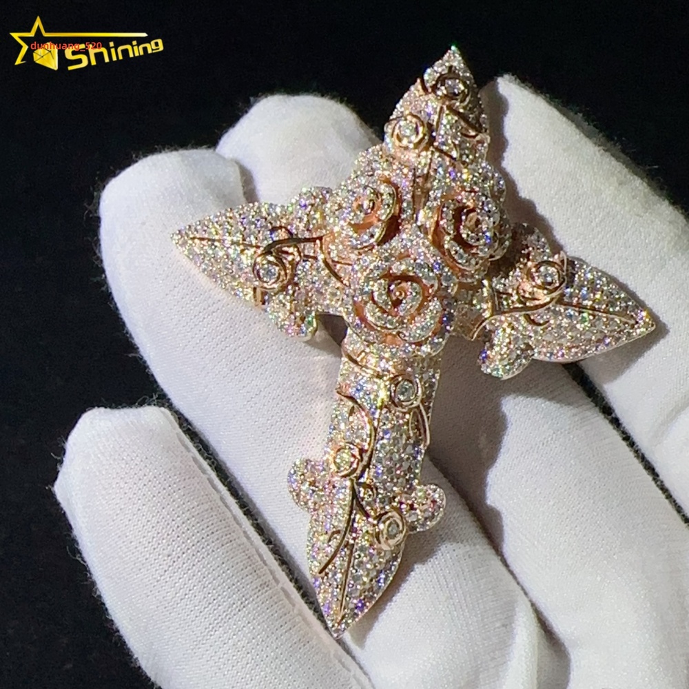 Sterling Silver 925 Custom Pendants Vvs Moissanite Lab Diamond Hip Hop Iced Out Flower Rose Gold Cross Pendant