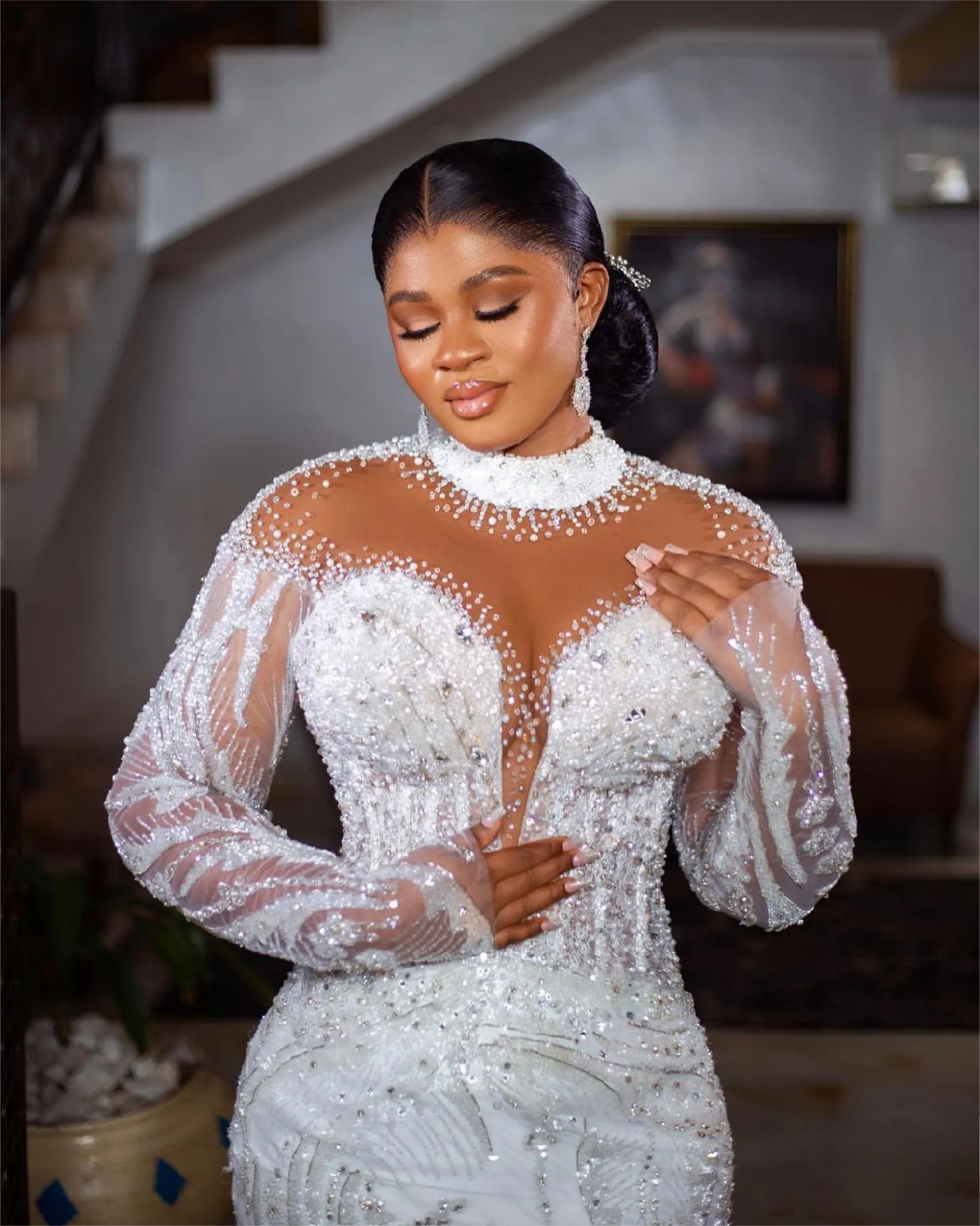 Arabic Aso Ebi Plus Size Ivory Mermaid Wedding Dresses with Beaded Crystals and Sequined Lace Bridal Gowns Dress
