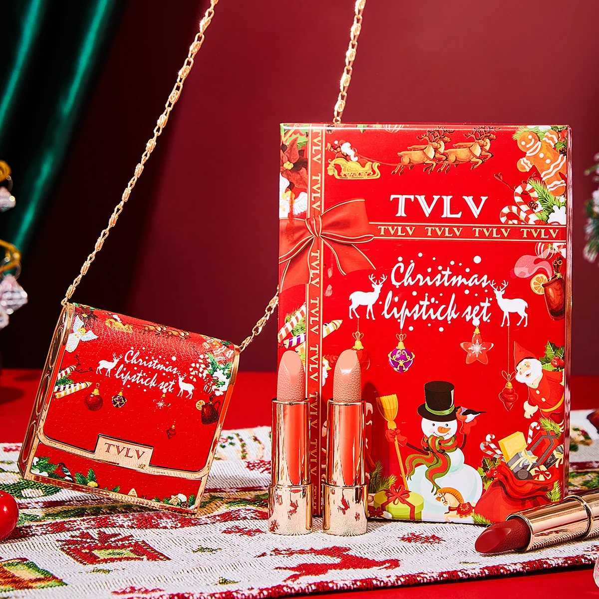 Christmas Matte Lipstick Set Retro Lip Stick Long Lasting Waterproof Smudge Proof Retractable Red Lipstick with Chain Retro Bag W251027