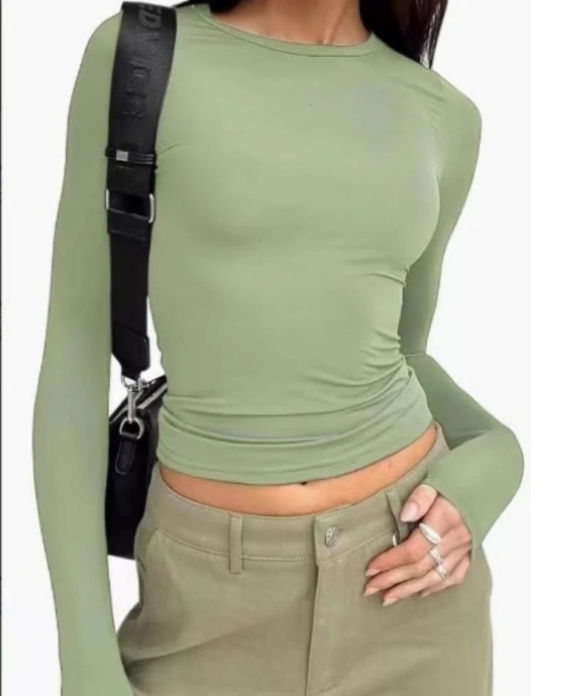 Womens Long Sleeved TShirt Spring And Autumn Solid Color Slim Fit Pullover Womens Basic TShirt Y2k Clothes Street Wear 251027