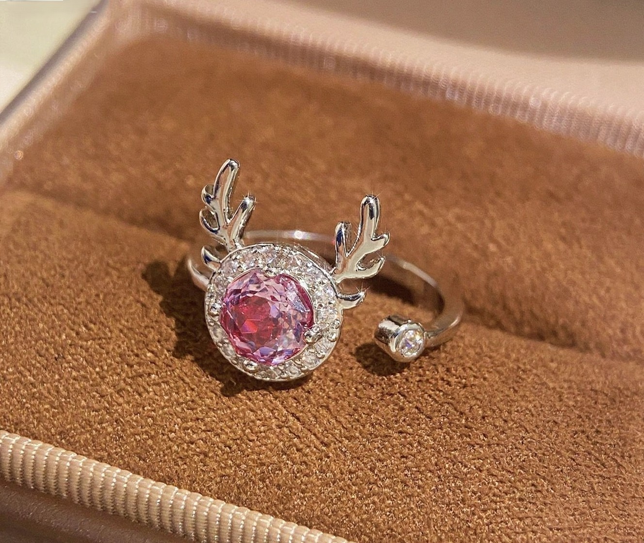 TaiYang New Millennium Rose Cut Reindeer Ring, Octagonal Aqua High-Carbon Zirconia Antler Design in Gold Plated Copper For Women