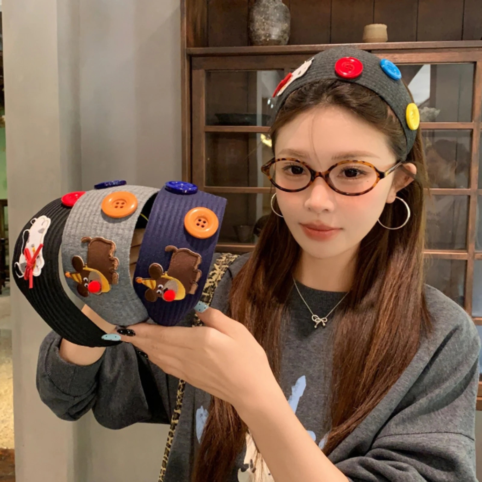 PROLY Fashion Headband For Women Wide Side Dog Button Hairband Personality Lovely Turban Winter Hair Accessories 251023