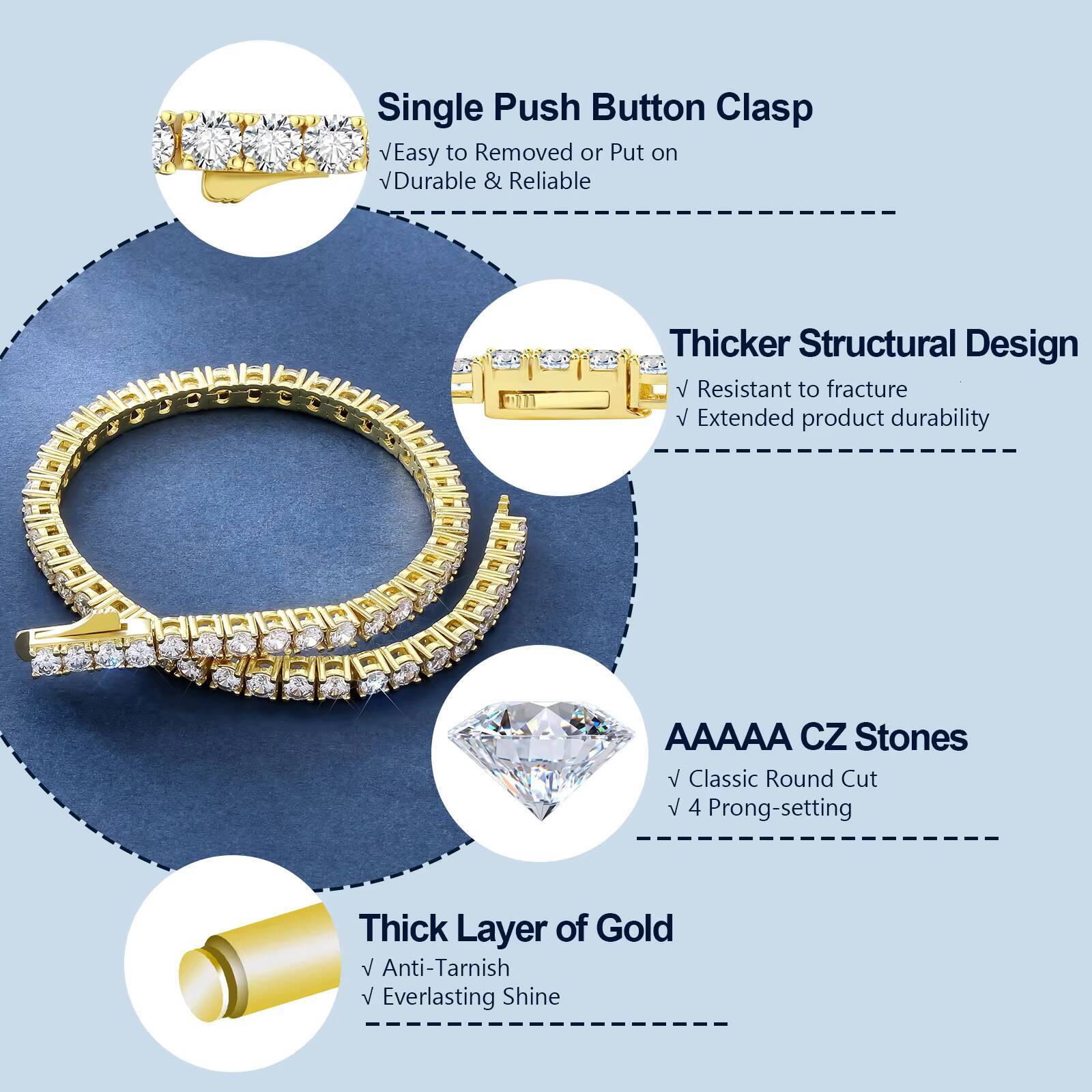 Tennis Bracelet Iced Out Bling Cubic Zirconia Lab Simulated Diamond 14K Gold Plated Wrist Chain Hip Hop Jewelry for Men Women