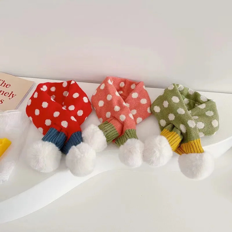 Plush Pompom Baby Scarf Winter Warm Kids Knitted Scarves 26 Years Boys Girls Cross Neckerchief Dot Print Children Neck Collar 251027