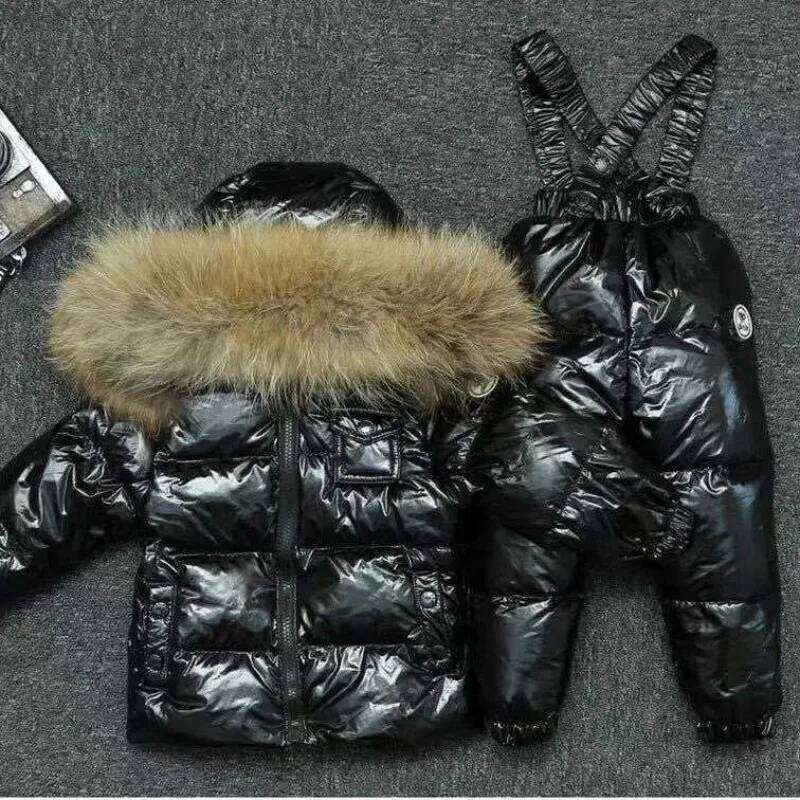 New Winter Kids Boutique Clothing 2 Pieces Sets Down Jacket Suspender Trousers Big Fur Collar Warm Soft Unisex Ski Suit