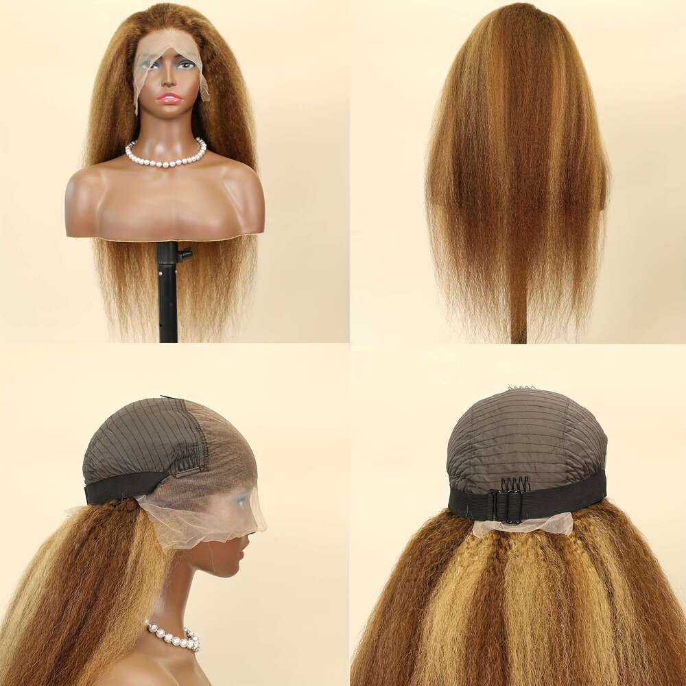 Highlight Brown Blonde Color Yaki Straight Wig 13X6 HD Transparent Lace Front Brazilian Pre Plucked Human Hair Wigs For Women