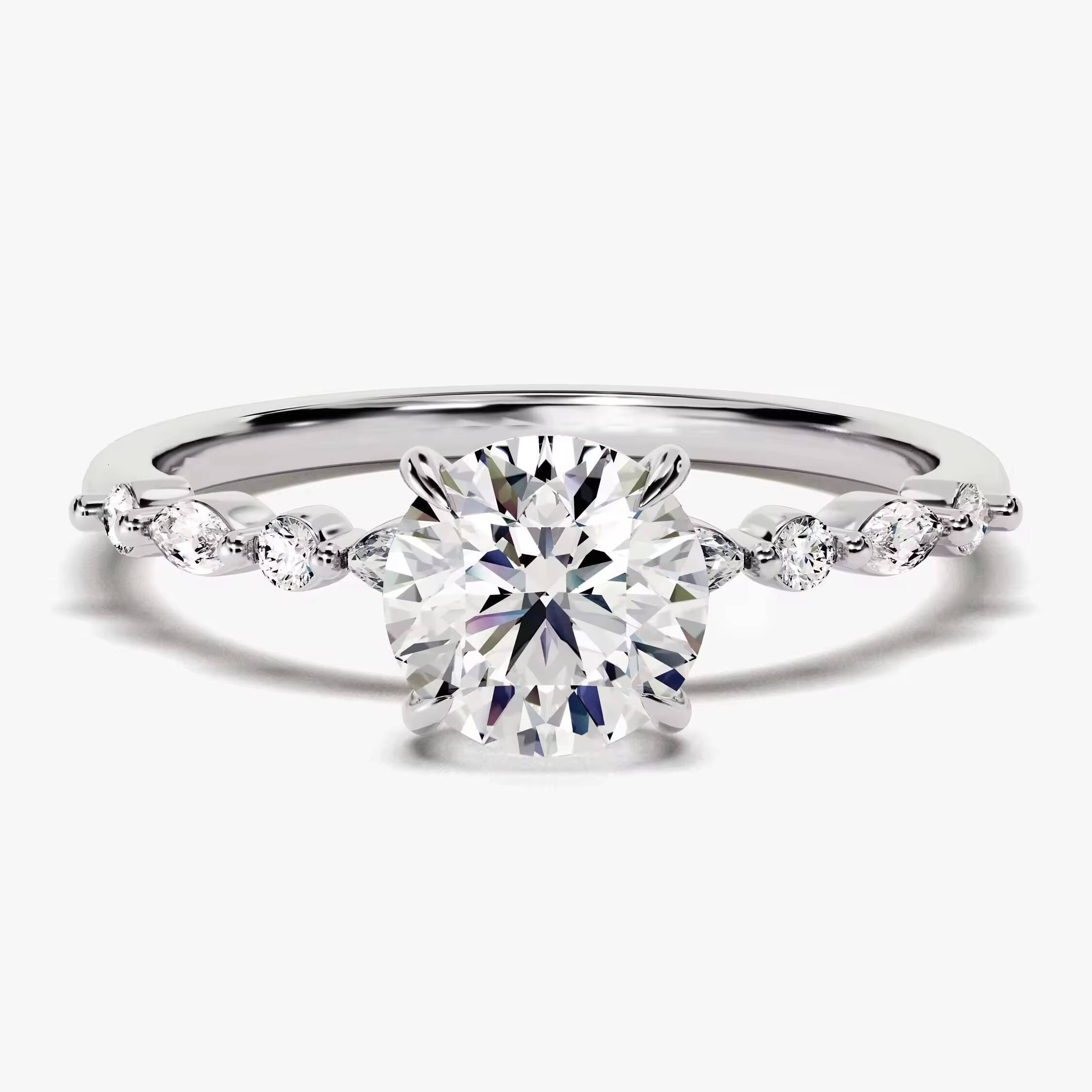 Round and Marquise Sidestones Engagement Ring 14k 18k Solid Gold Lab Diamond Ring Promise Ring