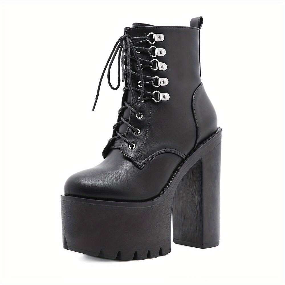 GDGYDH Women's Gothic Platform Chunky Heel Boots, Solid Color, Zipper Closure, Round Toe, Block Heel, All-Season, Dress Motorcycle Boots With Riv