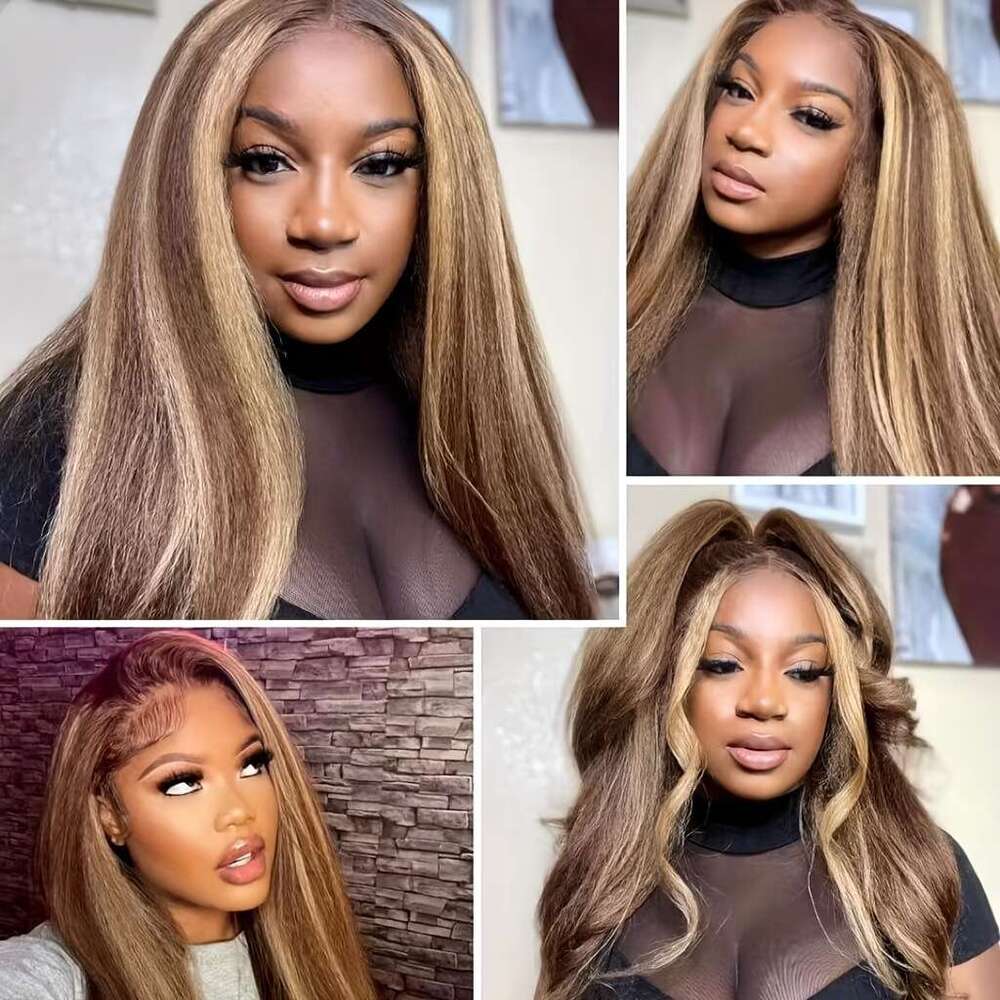 Highlight Brown Blonde Color Yaki Straight Wig 13X6 HD Transparent Lace Front Brazilian Pre Plucked Human Hair Wigs For Women