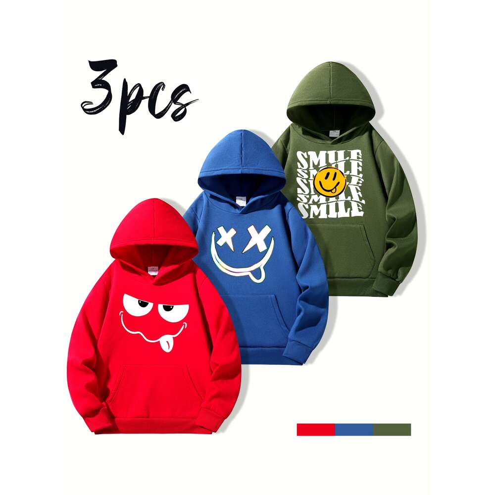 Boys' Hooded Sweatshirts With Smiling Face "Smile" Print - Cozy Long Sleeve Pullover Hoodies, Regular Fit Casual Winter Warmth, Front P