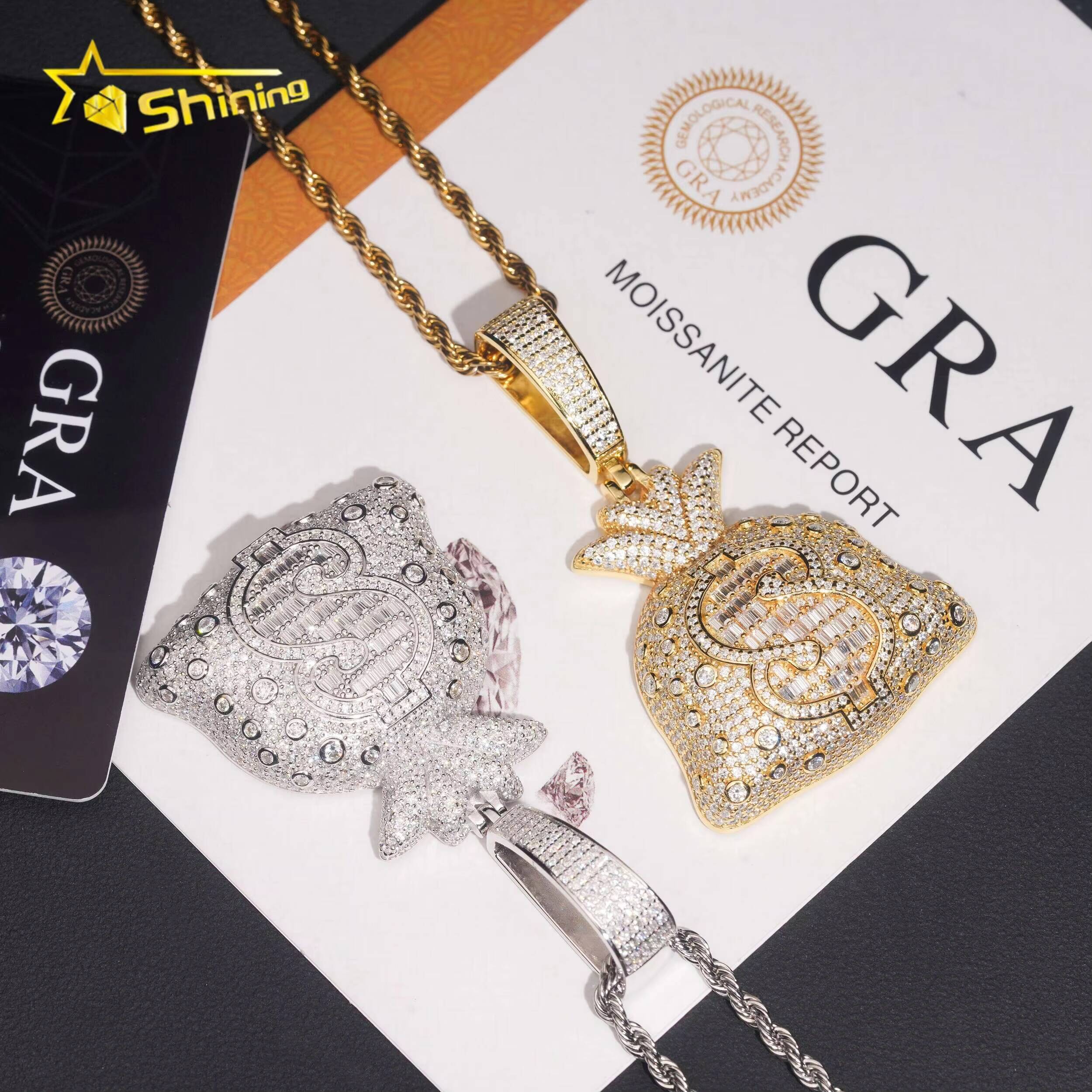Iced Out Moissanite Dollar Symbol Charm 925 Sterling Silver Gold Plated Moneybag Moissanite Hip Hop Pendant