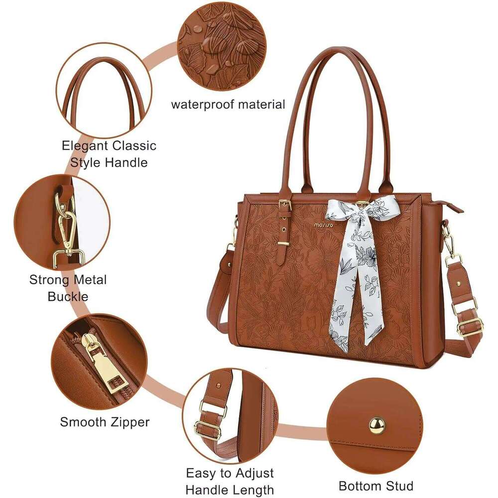 MOISISO 15.6 inch Women's Large Capacity Waterproof PU Leather Tote for Computer Laptop Shoulder Bag Bussiness Office