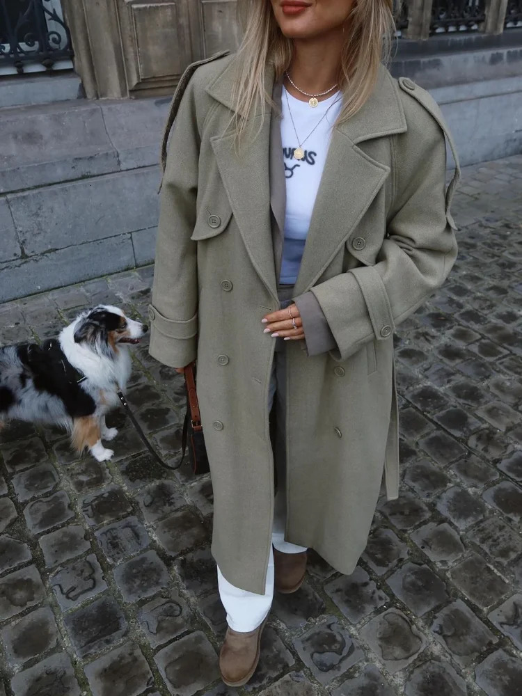 Elegant Loose Belt Coats Women Turndown Collar Full Sleeve Double Breasted Overcoat Autumn Chic Female Casual Outerwear 251027