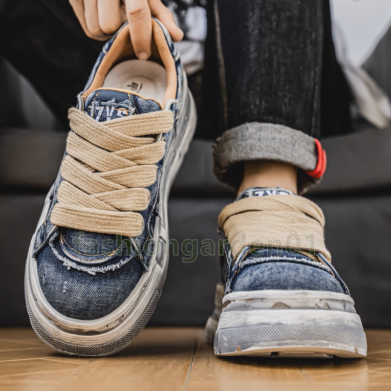 Versatile Trendy Mens Shoes Classic Washed Denim Sneakers Retro Blue Black Camel Slip-Resistant Thick-Sole Male Trainers Size 39-44