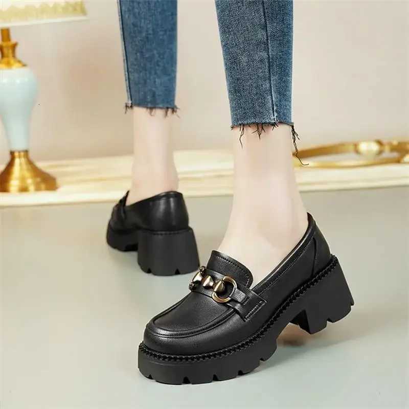 Womens Platform Loafers British Style Slip Round Toe Oxfords Metal Chain Buckle Ladies Chunky Heel Jk Uniform Lolita ShoesXJ251027