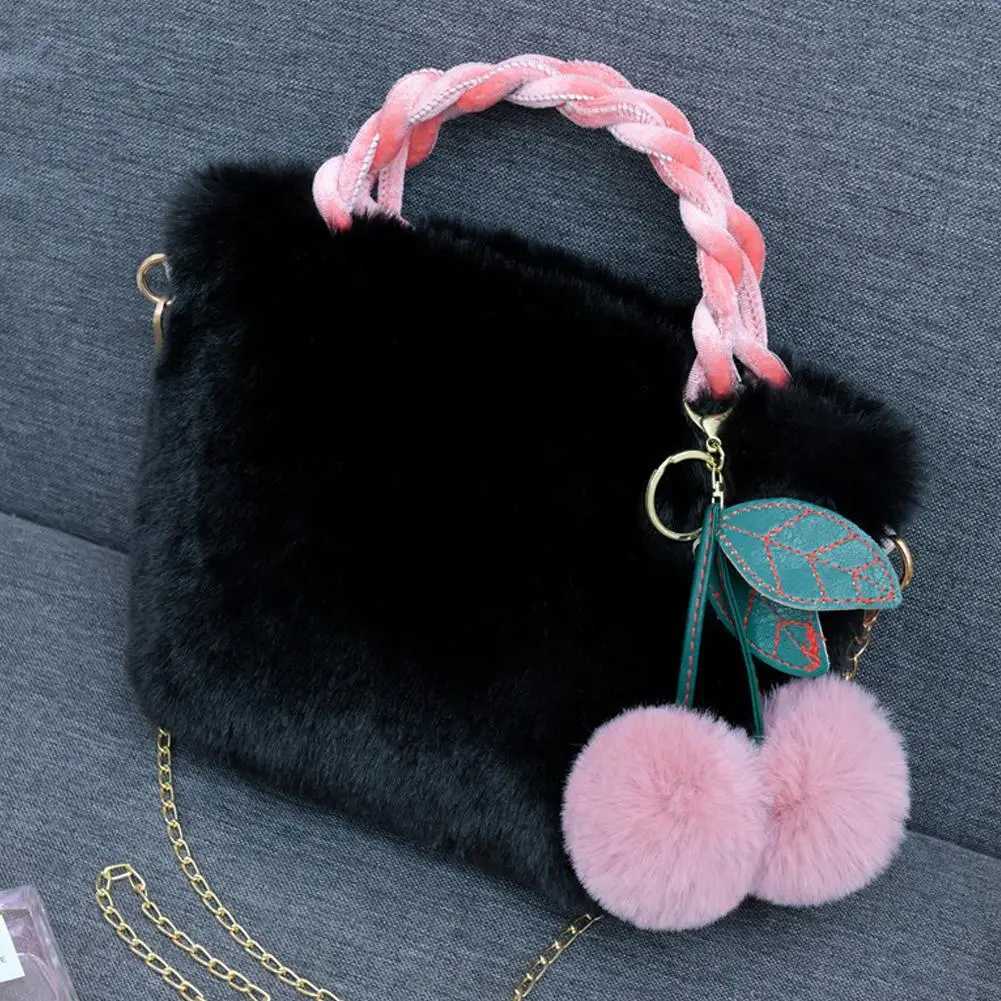 New Fashion Women Handbags Winter Furry Ladies Soft Plush Clutch Purse Shoulder Bags Fashion Female Cherry Pendant Messenger Bag Y251027