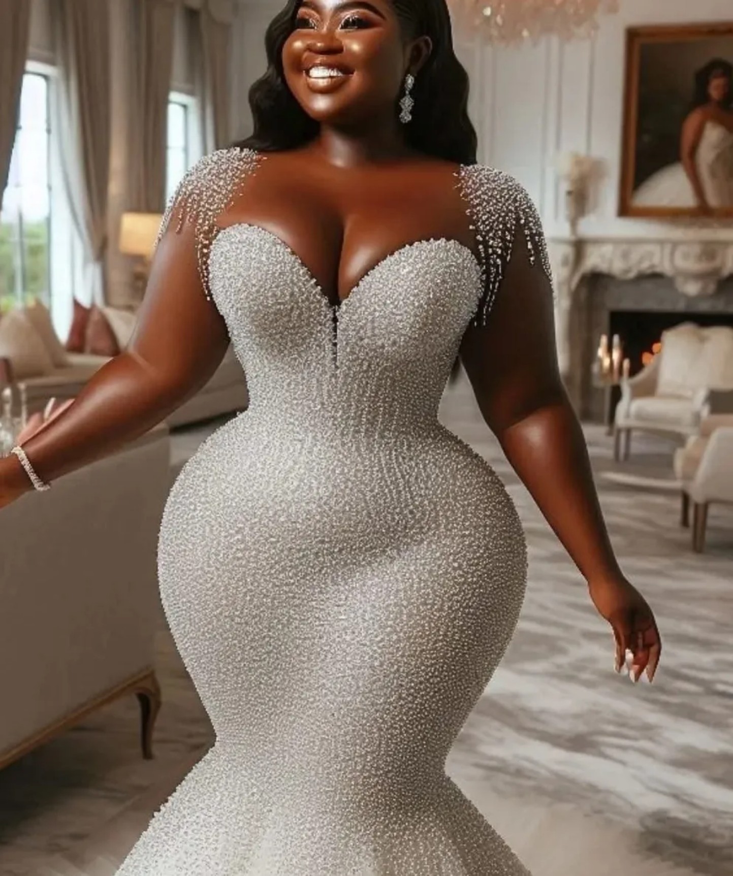 Plus Size Aso Ebi Wedding Dress in Ivory with Cap Sleeves Beaded Sequined Tulle and Sparkly Detail