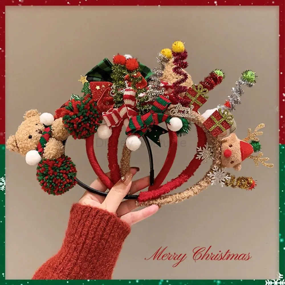 Disney Christmas Decoration Christmas Headband Santa Elk Hair Hoop Antlers Headband Reindeer Party Dress Up Plush Bow Red Hair Band Men H251027