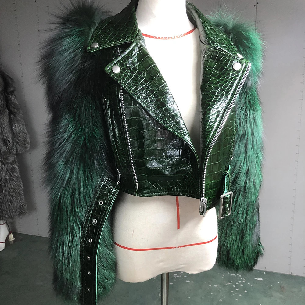 YOLOAgain Plus Size 8XL Jacket Coats Women Real Fox Fur Sleeve Genuine Leather Ladies Streetwear 251027