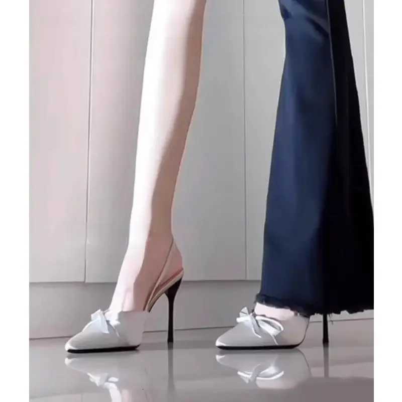 Elegant French Pointed Toe High Heels Satin Surface Womens Shoes with Bow Knot Wrap Head Sandals Summer Seas Rubber SoleXJ251027