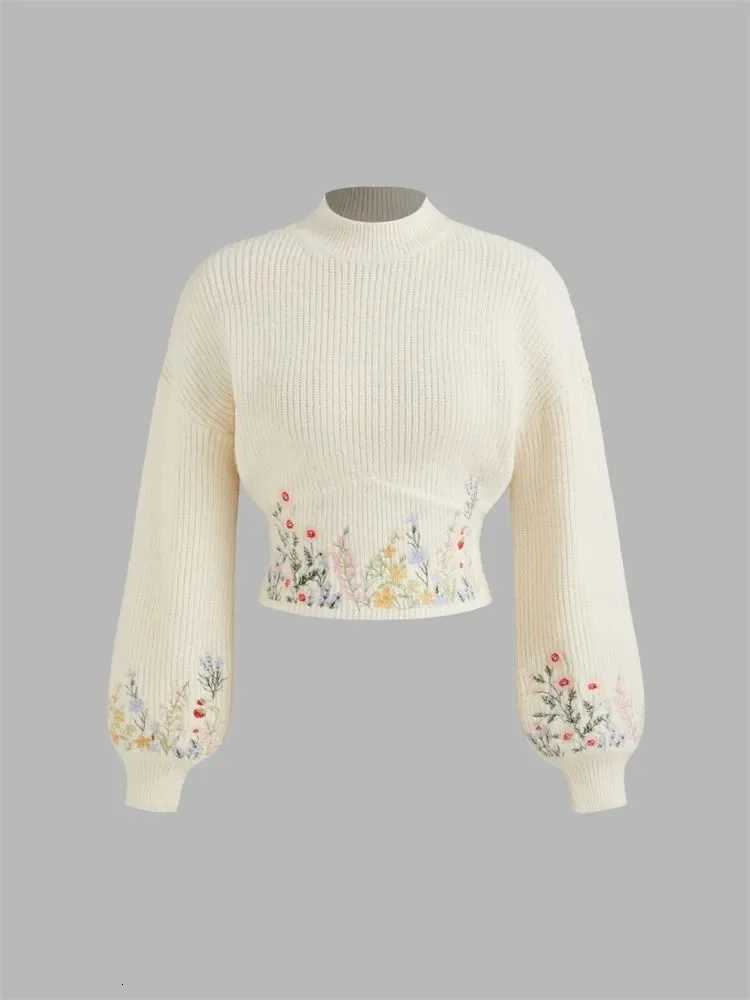 Casual Floral Embroidery Lantern Long Sleeve Sweater for Women Autumn Winter Elegant Mock Neck Cropped Knit Sweater Pullover TopT251027