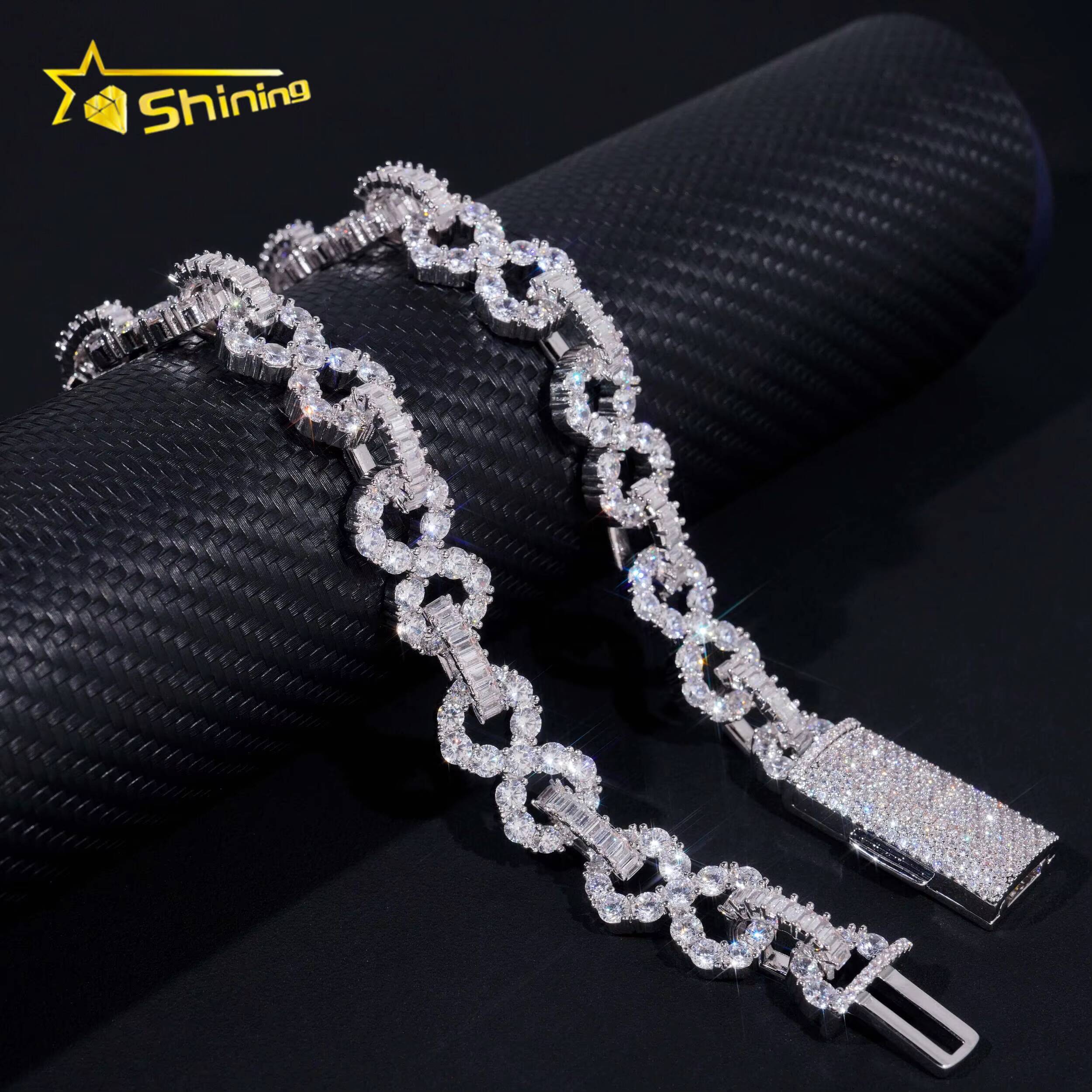 15mm 925 Silver Gold Plated Hip Hop Jewelry Iced Out Moissanite Diamond Baguette Infinity Link Cuban Chain Necklace
