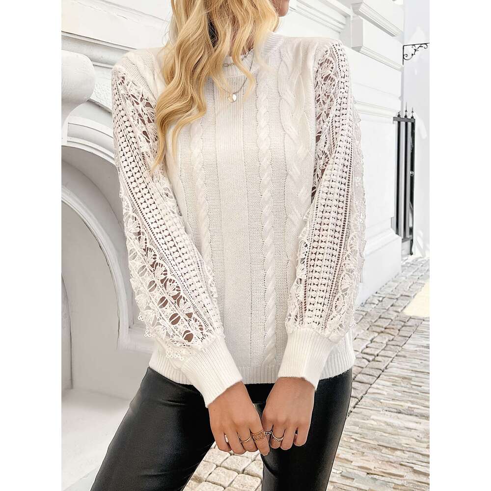 Women's Elegant With Detail - Collar, Geometric Pattern, Fall/Winter Style, Contrast Design, Winter Lace | Mandarin Collar Top, Sweater Top