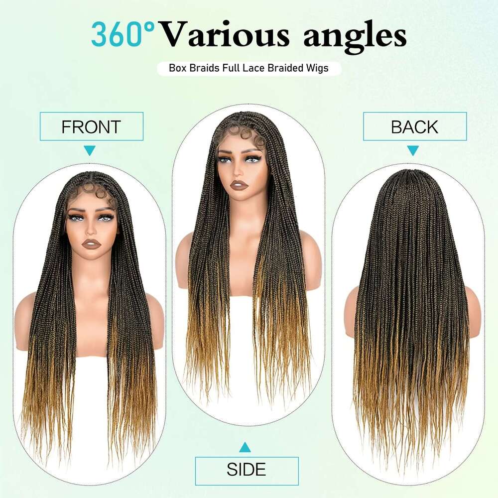 QUEENTAS 360° HD Front Braided - Knotless Box Braid Wig With Light Brown & Blonde Highlights, 28 Inch Full Lace Front, Density, Natural Look For Women