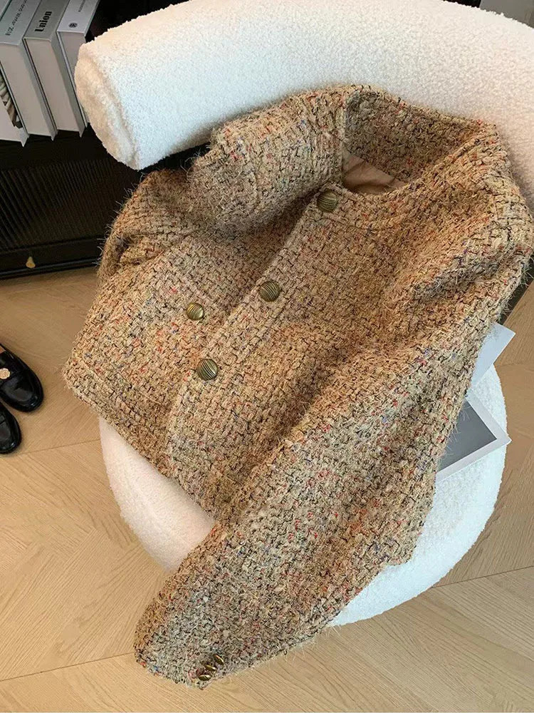 Vintage Tweed Jacket Women Korean Elegant Single Breasted O Neck Crop Coats Y2K Autumn Office Lady Casual Outwear 251027