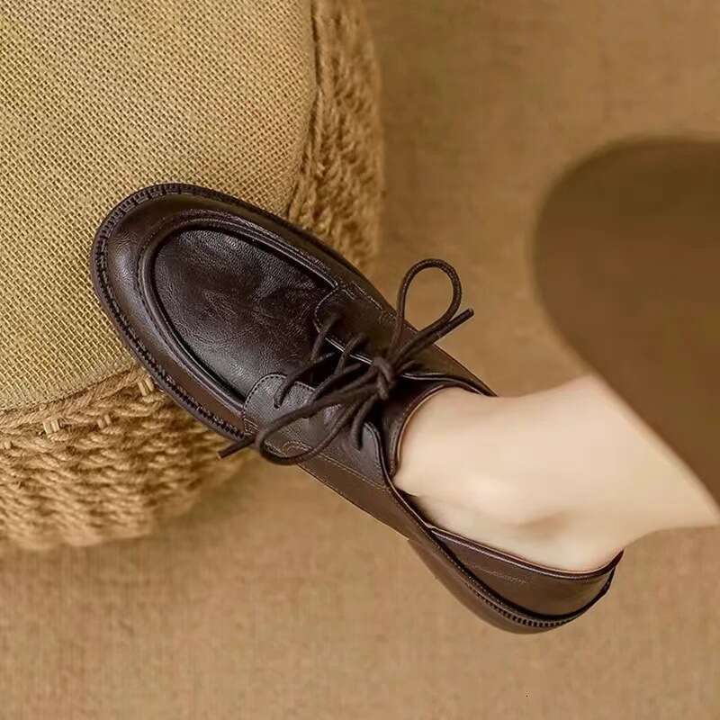 Genuine Leather Chunky Heel British Thick Sole 2024 Autumn Lace-up Black Commuter Shoes College Style Women's Loafers