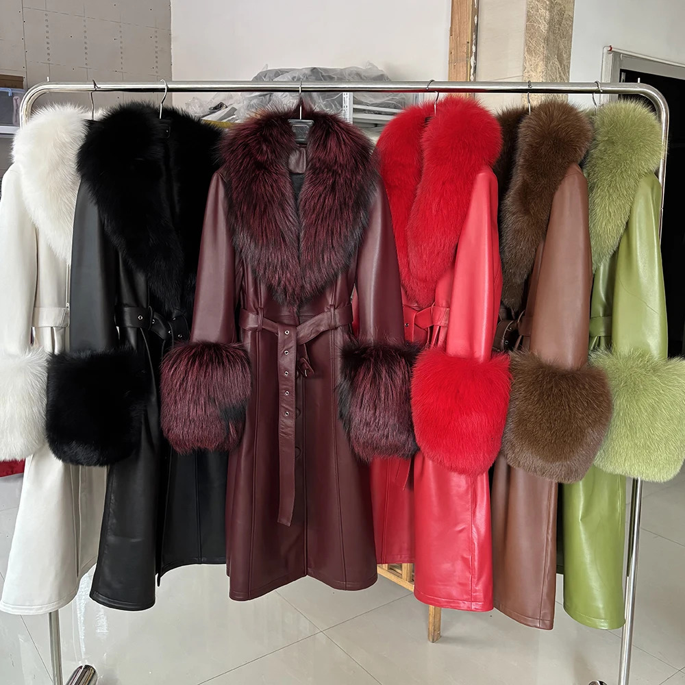 YOLOAgain Plus Size Jacket Coats Detachable Real Fox Fur Collar Cuffs Genuine Leather Coat Long Women 251027