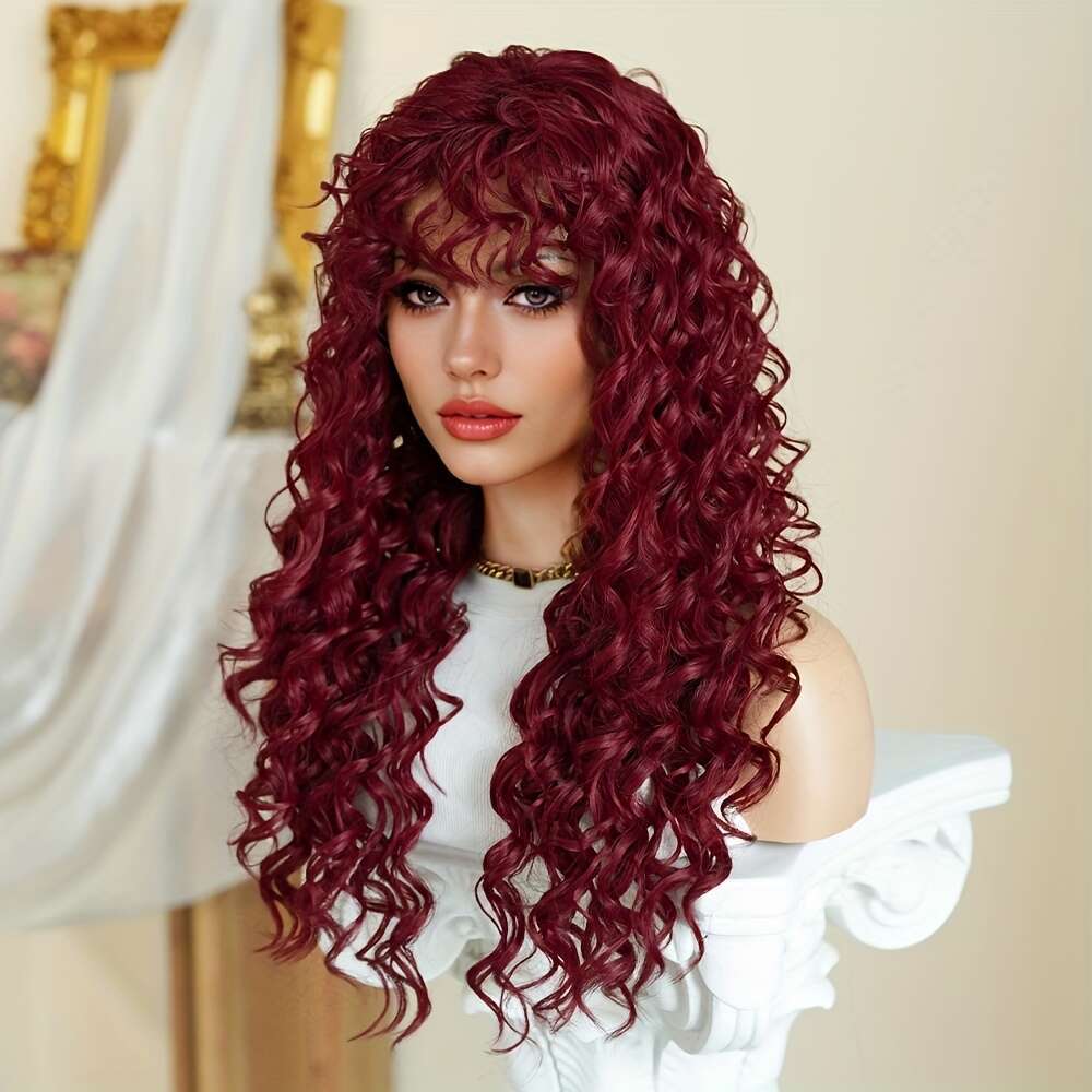 7Jhh WIGS Long Deep With Bangs Heat Resistant Synthetic Hair, Natural Look & Full Body Coverage, Women Perfect For Halloween, Parties, Everyday - Bury