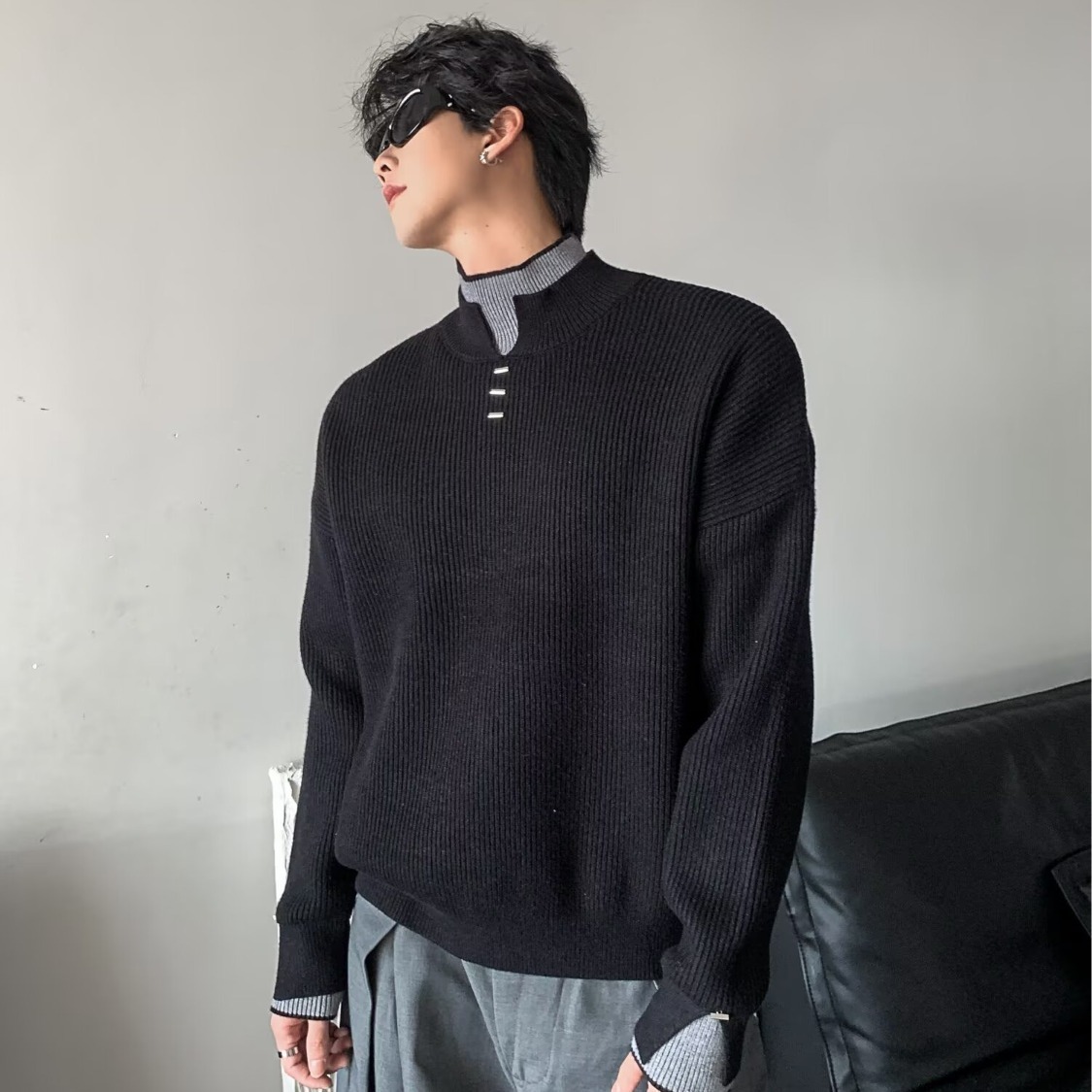 Unique Fake Two-piece Color-block Double-layer Turtleneck Sweater For Men Designer Sweater Autumn Trendy Style Simple Casual Knitted Top